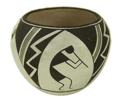 Acoma Pottery Jar- Lucy M. Lewis: Circa 1980s, Very fine black-on-white pottery jar with Lucy's famous flute playing ant figures. Very good condition. 3-1/2" x 4-1/4"