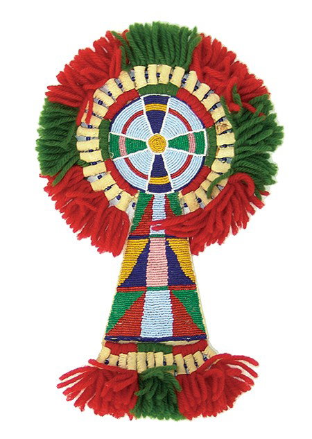 Crow Horse Rosette: Circa Late 1900s, Classic design fully beaded "keyhole" forehead rosette done on rawhide and fully beaded with Crow motif. Trimmed with red and green wool yarns. Excellent condition. (Matches above th