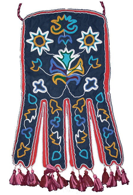 Tlingit Octopus Bag: Circa 1970s, Beautiful traditional design bag with eight tabbed appendages and unique flowing floral forms on the front, done on red and indigo tradecloth. Excellent condition. 20" x 12" + 30" handle 