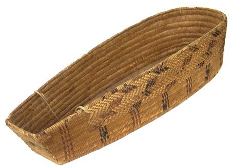 Salish Cradle Basket: Circa Early 1900s, Classic old woven basketry baby carrier with exterior polychrome designs and two original buckskin thong straps. Very good condition overall, some corner damage. 5-1/2" x 26-1/2" x 