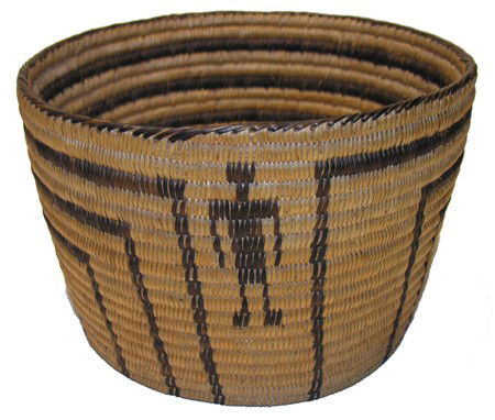 Pima Basket: Circa Early 1900s, Tight weave Pima "man-in-the-maze" basket with maze pattern starting in base. Excellent condition. 7" x 10-3/8"