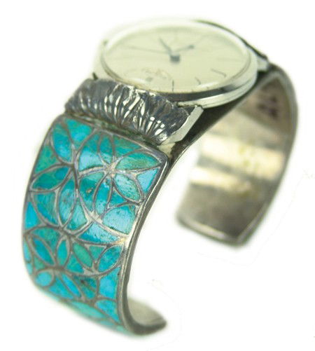 Zuni Inlay Watch Bracelet: Circa 1971, Classic turquoise and silver channel inlay bracelet with good patina and (replaceable) Longines watch. Very good used condition. 5-3/4" x 1" + 1-1/4" gap