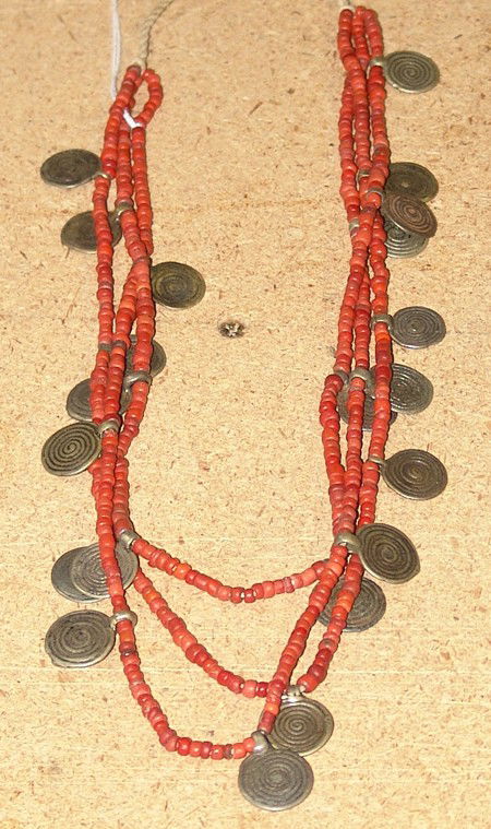 Vintage Necklace: Vintage 3 strand red bead and coiled coin necklace. Size: 18 long"