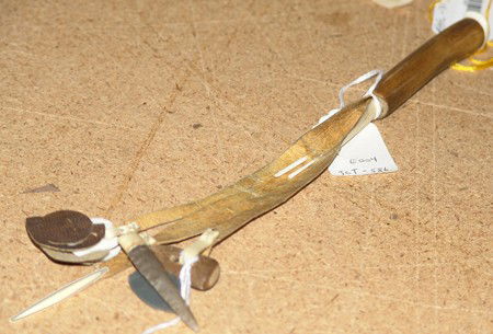 Eskimo Sewing Kit: Beautiful hand carved Eskimo sewing kit including ivory awls, etc. Size: 11 long"