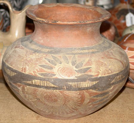 Juastican Pottery Jar: Rare Juastican polychrome pottery water jar from San Luis Potosi in very good condition. Circa: Circa 1900 Size: 9 x 11""