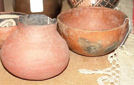 Pot and Bowl: Anasazi corrugated Tonto pottery olla and a St. Luke's onion skin redware bowl, both as found with some gluing. Size: 3-1/2 x 6-3/4", 5-1/4" x 5-1/2""