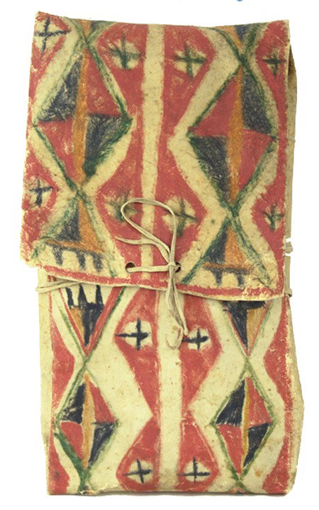 Plateau Parfleche Case: Early/Mid 1900s, Rare smaller sized folded rawhide container with dominant red color and traditional geometric designs. Very good condition. 16" x 9"