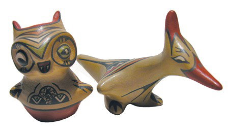Santa Clara Pottery - Margaret & Luther: 1970s, Pair of polychrome figurines, one a roadrunner and the other an owl. 6" x 3-1/4" & 3" x 2-1/2"