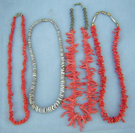 4 Santo Domingo Necklaces: 1970s, Old Pawn necklaces: three red coral and one hand rolled graduated shell heshi. 19" longest