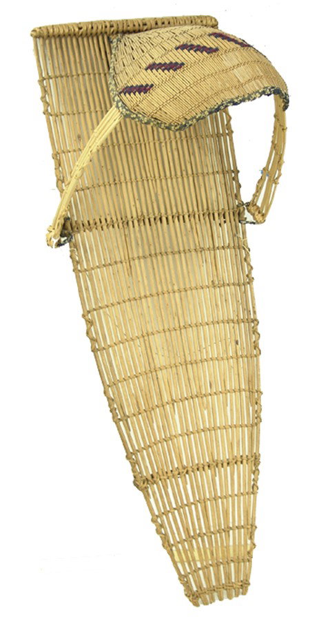 Paiute Basketry Cradle: Early/Mid 1900s, Rare full-sized willow baby carrier with basketry sunshade and wool slashes. Very good condition. 29-1/2" x 10" x 10" From the Johnson Collection.