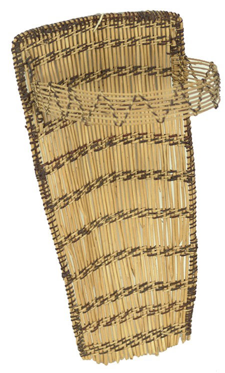 Mono Basketry Cradle: Mid/Late 1900s, Traditional style willow and basketry toy baby carrier with sunshade. Very good condition. 15" x 7-1/2"