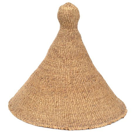 Makah Hat Basket: Early 1900s, Rare woven basketry hat with plated cedar root interior and headband Very good condition, this is a rare item. 11" x 11"