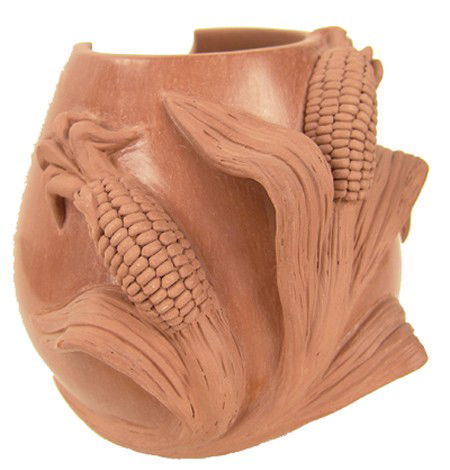 Isleta Pottery Jar - Caroline L. Carpio: Late 1900s, Beautiful carved redware jar with mosquitoes and raised corn plant. Very good condition. 6-1/4" x 6"
