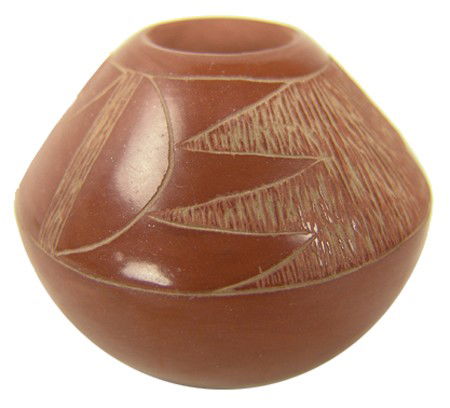 Santa Clara Pottery Jar - Johanna Herrera: Late 1900s, Beautiful miniature redware seed pot with fine sgraffito designs. Very good condition. 1-1/2" x 2-1/2"