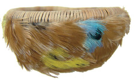 Pomo Feather Basket: Mid/Late 1900s, Beautiful finely woven basket, the exterior completely covered with feathers in the traditional way. Very good condition. 1-1/2" x 3" From the Janulewicz collection.