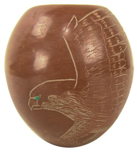 Santa Clara Pottery Jar - Corn Moquino: Late 1900s, Fine redware pottery jar with beautiful eagle figure done in sgraffitto. Very good condition. 3" x 2-1/2"