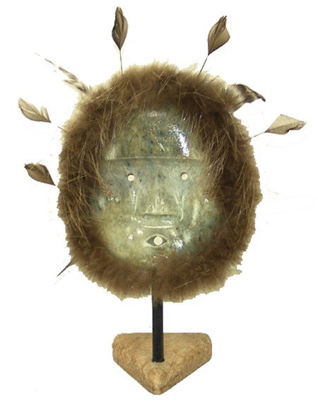 Eskimo Spirit Mask - Katuk Kealiher: 2006, Hand carved green soapstone "mask" with fur trim and feather appendages. Very good condition. 10" x 8"