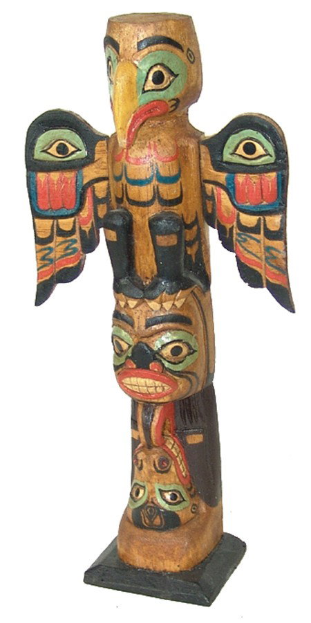 Northwest Coast Tourist Totem Pole: 1970s, Well carved and painted 3-figure pole with eagle, bear, and serpent. Very good condition, good patina. 10" x 5"