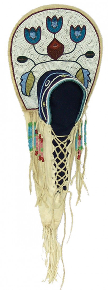 Nez Perce Cradleboard: Mid 1900s, Classic design round topped toy cradle with beautiful floral designs and lacing. Very good condition. Illustrated in "Bravehearts and Their Cradles," page 74. 18" x 6" x 3" From the Janulew