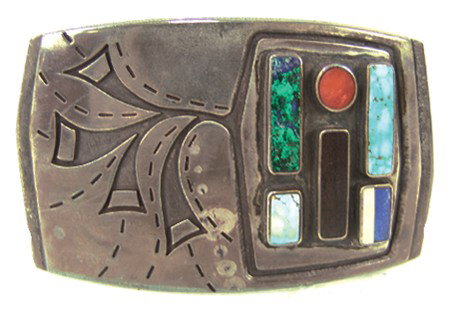 Hopi Belt Buckle: 1970s, Fine original design silver overlay buckle set with turquoise, coral, shell, lapis, and serpentine stones. Very good condition. 3-1/4" x 2"