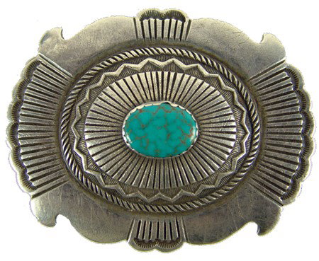 Navajo Belt Buckle - C. Martinez: 1980s, Very fine all-silver buckle with superb stampwork and a single brown matrix spiderweb turquoise stone. Good used condition, shows wear. 3" x 4"