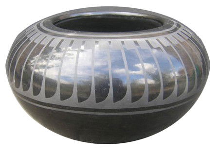 San Ildefonso Pottery - Blue Corn: 1960s, Large beautiful matte black-on-black bowl with feather motif, signed. Ex: Tony Lama estate. 5" x 8"