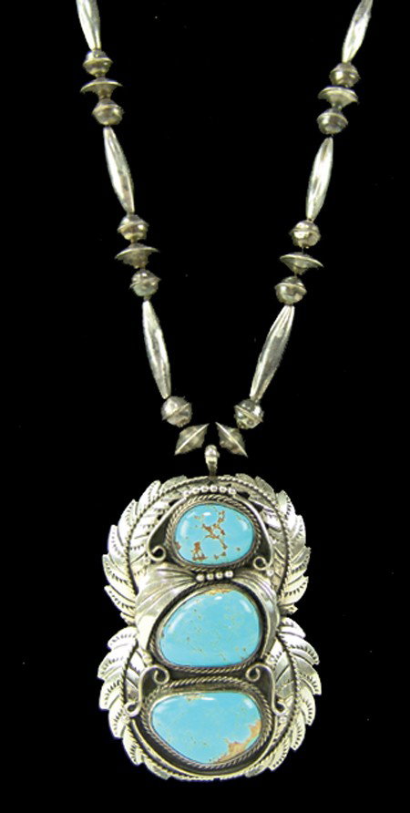Navajo Necklace - Justin Morris: 1970s, Elaborate 3-stone turquoise and silver pendant and bead necklace with beautiful leaf work. Very good condition. 22" long, 3" x 2" pendant
