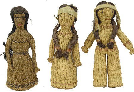 Northwest Coast Basketry Dolls - Agnes James: Mid/Late 1900s, Three fine examples of this basketry form; the older (mid 1900s) a Skokomish version, the others Tulalip, made by Agnes James. 9" tallest
