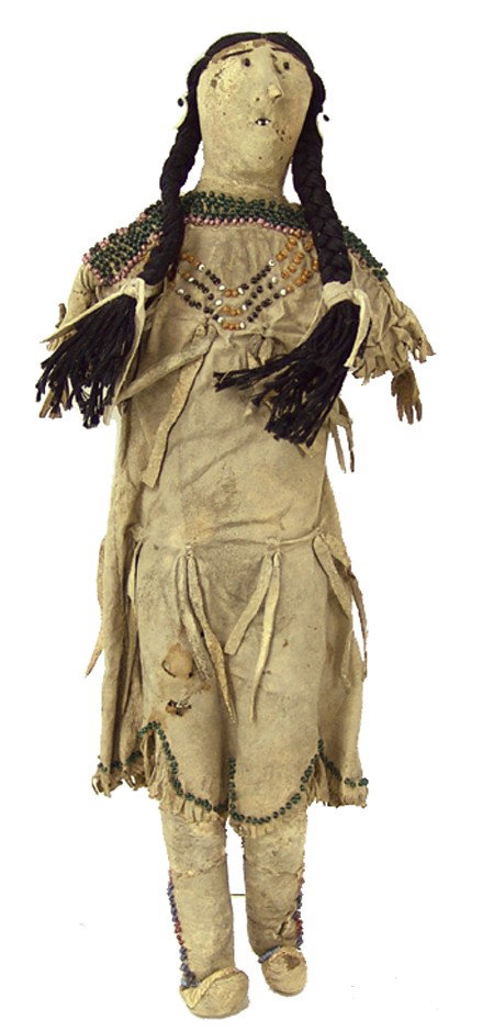 Plains Buckskin Doll: 1900, Rare hand crafted sinew sewn and lazy stitch beaded all buckskin doll with formed face, woven thread hair, and fringed trim. Ex: Morning Star. 14" long