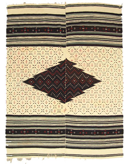 Saltillo Blanket: Early/Mid 1900s, Large classic fine weave 2- piece blanket with fringed ends and large central diamond. Very good condition, with some minor bleeding. 74" x 57"