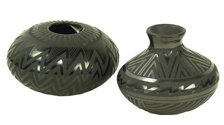 2 Mata Ortiz Jars - Octavio Andrew & Felix Ortiz: Early 2000s, Superfine pair of black-on-black miniature pottery vessels in excellent condition. 2-1/2" x 4" & 3-1/4" x 3-1/2"