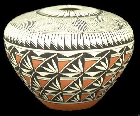 Acoma Pottery Jar - Adrian Vallo: Early 2000s, Beautiful greenware jar with elaborate polychrome designs. Very good condition. 8" x 11"