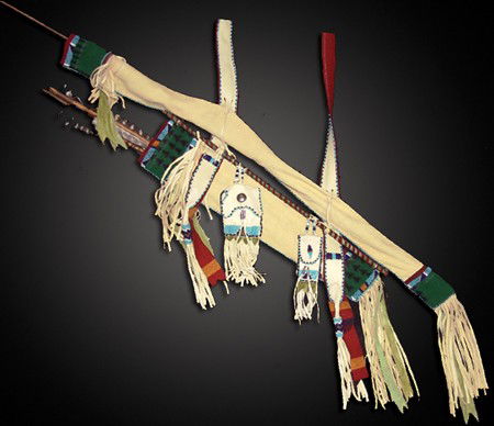 Crow Style Bow Case & Quiver: Late 1900s, Classic design buckskin case with attached case for arrows, comes with long yew bow and five newer arrows. Very good condition. 48" long bow, 40" x 9" case