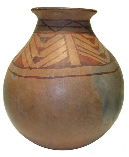 Maricopa Pottery Olla: Early 1900s, Beautiful redware olla with geometric painted motif on shoulder and rim. Excellent condition, with stand. 12" x 10"