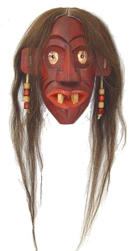 Iroquois False Face Mask: Late 1900s, Traditional hand carved and painted wooden mask with copper eyes, horsehair, and facial details. Very good condition. 12-1/2" x 11" x 4-1/4"