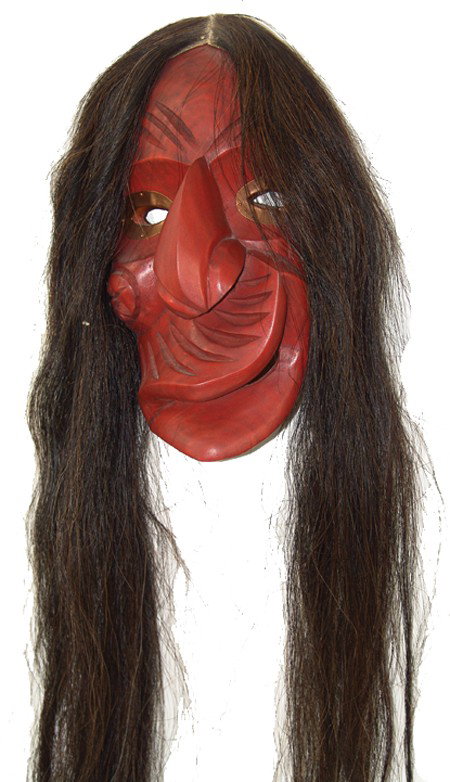 Iroquois False Face Mask: Late 1900s, Traditional hand carved and painted wooden mask with copper eyes, horsehair, and facial details. Very good condition. 12" x 7" x 5"