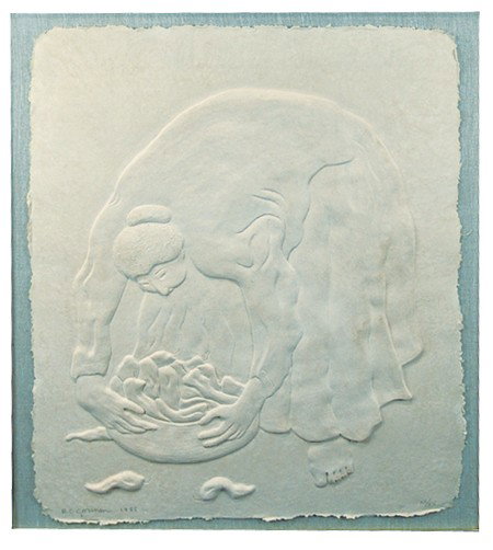 R.C. Gorman: 1985, Beautiful signed limited edition sculpted paper work - "Chili Peppers" - (in enclosed Plexiglas case). Very good condition. 40" x 34"