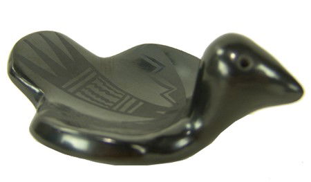 San Ildefonso Pottery Dish: Late 1900s, Novel little black-on-black pottery dish done in bird form; these were often made as ashtrays. Very good condition. 2" x 5" x 3-1/2"