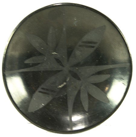 San Ildefonso Pottery Dish - Marie & Santana: Mid 1900s, Small black-on-black plate with floral figure. Very good condition except for two small scratches on the face. 6" diameter