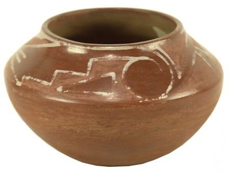 San Ildefonso Pottery Jar - Juanita Montoya Vigil: 1920s, Unique design polychrome redware bowl by Maria's sister. Good worn condition. 3-3/4" x 6"