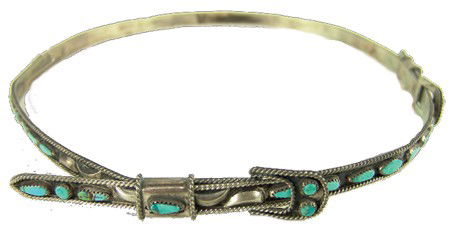 Navajo Hatband: Mid/Late 1900s, Rare hand wrought all-silver band set with many aged turquoise stones and with a Ranger buckle style clasp. Very good condition. 3/8" x 24"
