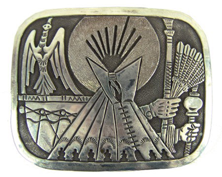Hopi Belt Buckle - J.L.J.: 1970s, Fine rectangular silver overlay buckle with Peyote ceremonial items. Very good condition. 2-1/2" x 3"