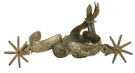 Antique Mexican Spurs: Early 1900s, Classic old pair of well used spurs that at one time showed inlay work. Fair condition. 6" x 3-1/2"
