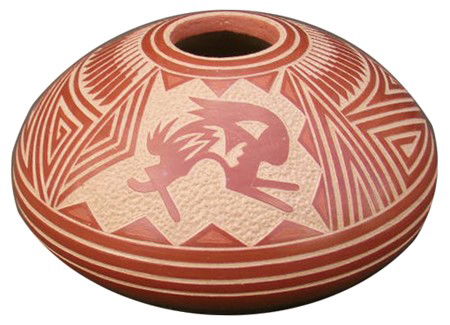 Jemez Pottery - Dennis Daubs: 1980s, Sgraffito redware seed jar with rabbits and geometric designs. Very good condition, signed. Ex: Tony Lama estate. 2-1/4" x 3-1/2"