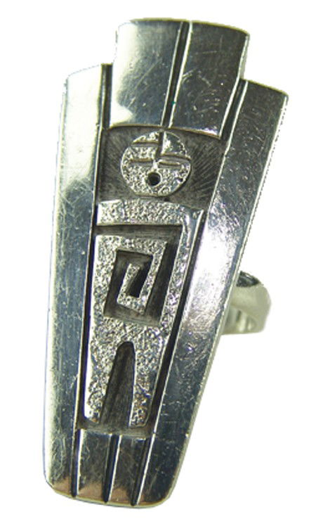 Hopi Ring: Early 2000s, Beautiful contemporary sterling overlay ring with an enclosed figure. Very good condition, hallmark "TML?" Size 8
