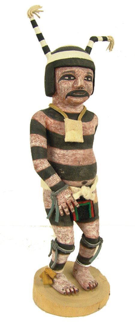 Hopi Katsina Carving - Pierson A. Honahni: 1980s, Fine hand carved and painted hano clown (koyala) cottonwood root doll. Very good condition. 12-1/2" tall