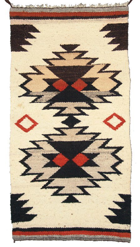 Navajo Rug/Weaving: 1960s, Classic homespun table runner with traditional serrated elements. Good condition, some light soiling. 36" x 19"asdv