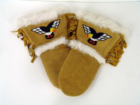 Tlingit Mittens: 1980s, Beatiful pair of Tlingit buckskin and rabbit fur mittens with beaded eagles. Very good condition. 15-1/2" x 9"