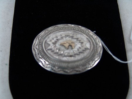 Navajo Buckle - JB: Late 1900s, Extra fine Navajo stamped silver oval buckle done in great detail with a gold clad bear in center, signed JB. 2-1/2" x 3"
