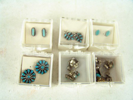 Zuni Earrings: 1970s,80s, At least 8 pairs of fine Zuni turquiose and silver post earrings. largest is 1/2" dia.